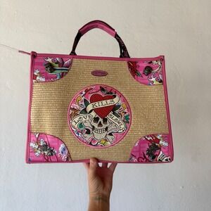 Ed Hardy Love Kills Slowly Straw Tote Bag Pink Skull Heart NWT Large Y2K